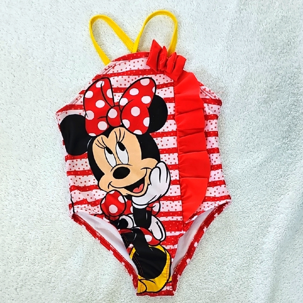DISNEY | Red Minnie Mouse Striped Swimsuit with Yellow Straps